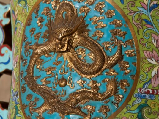 China, detail of a cloisonne Qing vase