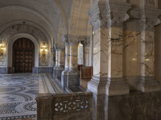 Wood used for the waiting benches in the hall, between the pillars.